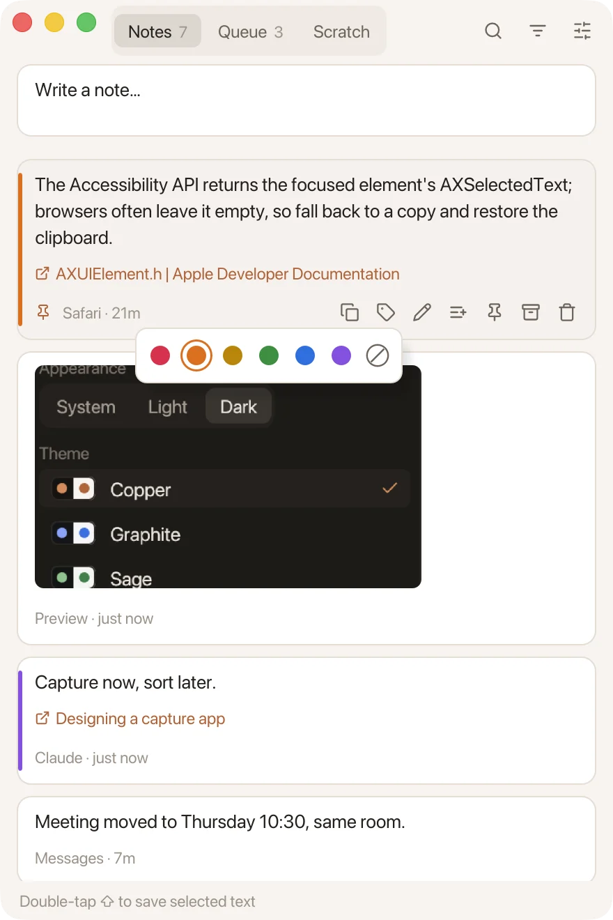 The color picker open on a note