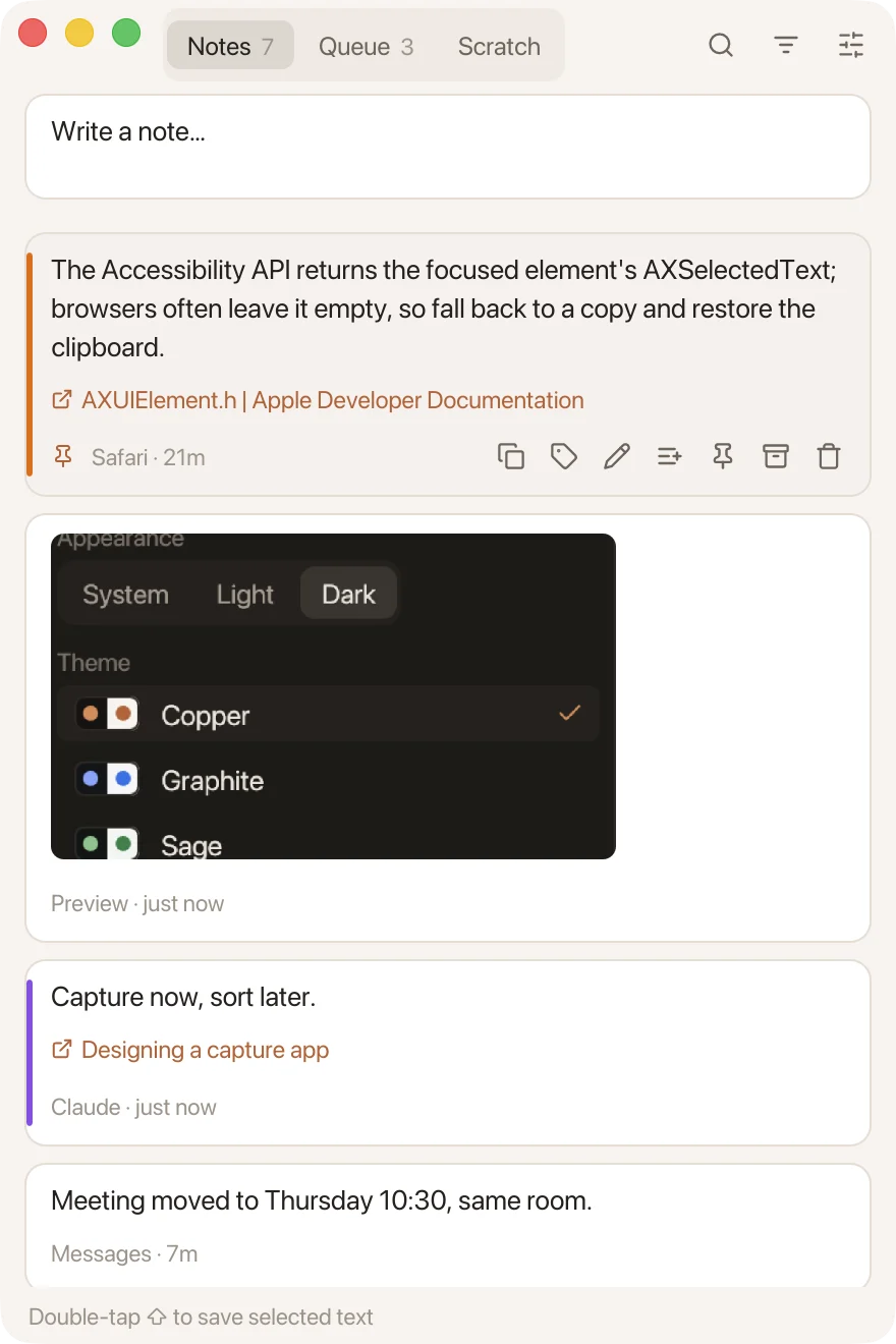 The Notes list: captured snippets, each with its source app, time and color label