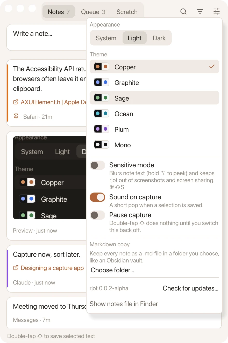 Settings: appearance, the six themes, sensitive mode and sound