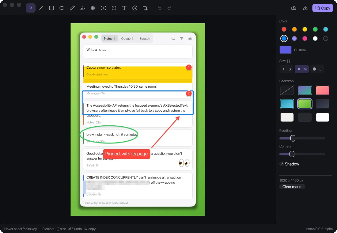 The rsnap editor: twelve tools along the top, the framed shot in the middle, and colors, size, backdrop, padding, corners and shadow on the right